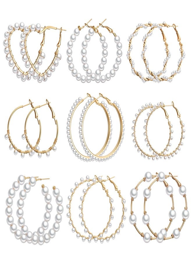 Adoshine Faux Pearl Hoop Earrings for Women Lightweight Open Large Circle Heart Dangle Drop Open Huge Earrings Artificial Pearl Beaded Earrings Brides Jewelry (9 Pairs) - Image 1